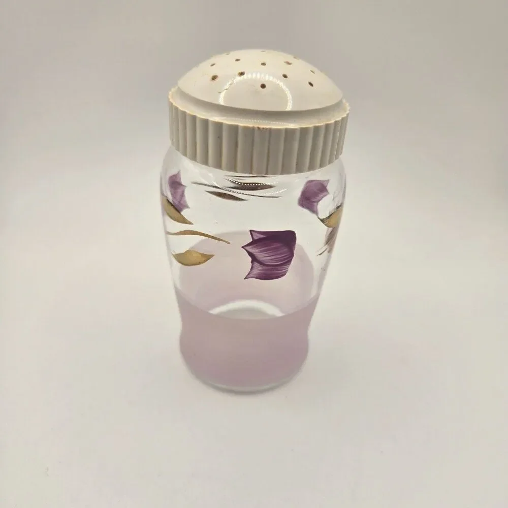 Vintage Glass Creamer Sugar Shaker Set Gold Rim Hand-Painted Purple Floral